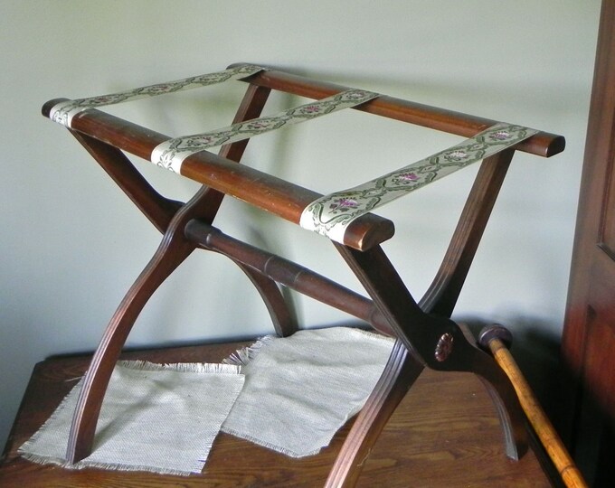 Vintage Luggage Rack Stand Tea Table Wood With Tapestry Etsy