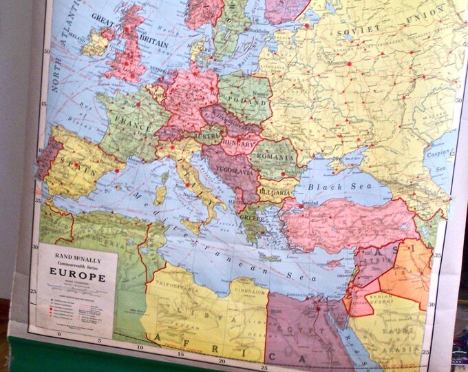 Vintage EUROPE Pull Down School Wall Map by Rand Mcnally Commonwealth ...