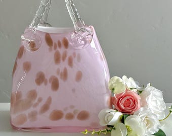 Murano Style Glass Handbag Vase Pink Aventurine Gold Fleck Art Glass Purse Vase 9”