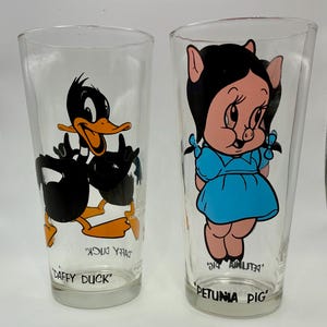 Juego de vasos Pepsi de Looney Tunes: Pato Lucas y Petunia Pig, colección de vasos Federal Glass de los años 70, vasos vintage de dibujos animados