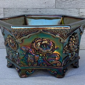Fenton Electric Blue Carnival Glass Planter – Hexagonal Raised Floral Jardiniere – Iridescent Pedestal Dish Vase Bowl 8.25”