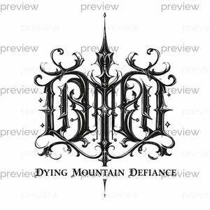 Dying Mountain Defiance Gothic Style DMD Logo with Scrollwork and Dying Mountain Defiance - Digital Art for Instant Download