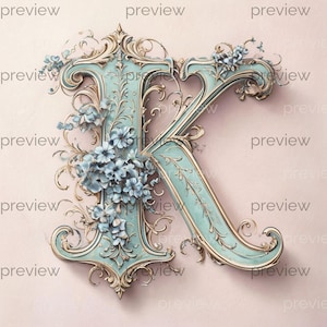 Puede incluir: Una letra "K" decorativa en color turquesa claro con detalles dorados. La letra está adornada con adornos florales y intrincados arabescos. El fondo es de un rosa suave, creando una estética delicada y elegante.