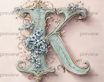 K Elegant Ornate Blue Letter K with Floral Motifs and Golden Accents - Vintage Decorative Typography Digital Art Print