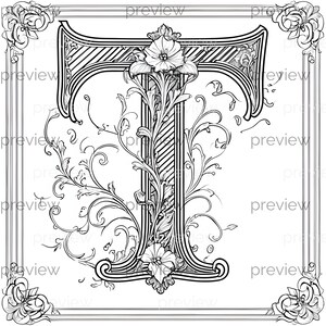 Letra T decorativa elegante com padrões florais, papel digital sem costura para embrulho de presentes e materiais para impressão