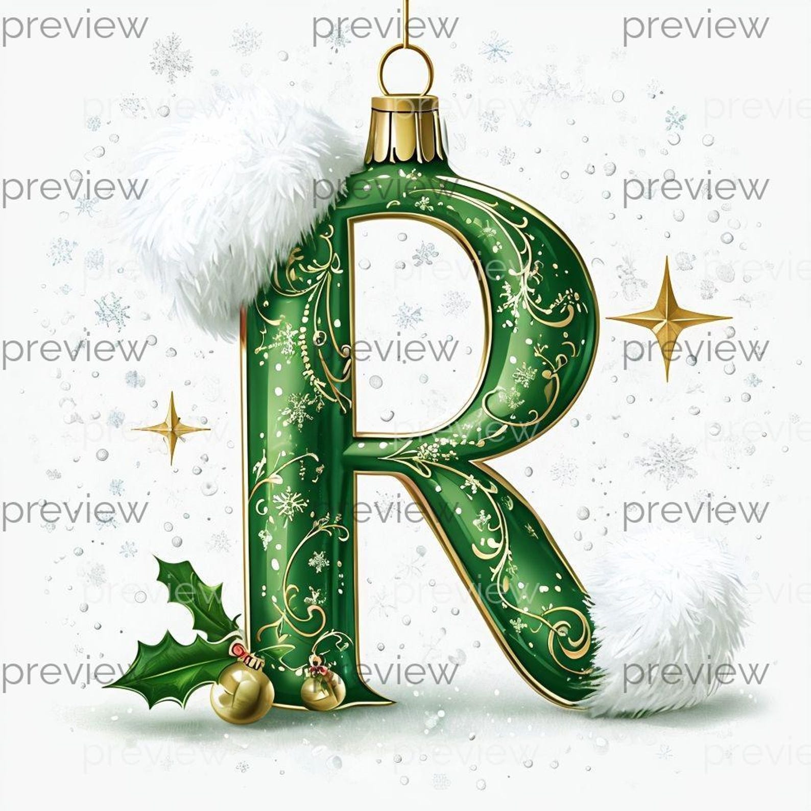 R Festive Decorative Letter R in Green With Gold Floral Patterns and ...