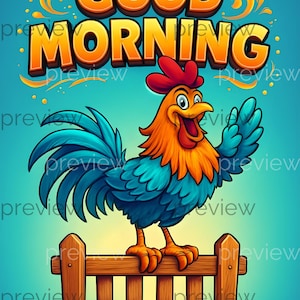 Cheerful Cartoon Rooster GOOD MORNING Digital Art - Vibrant Printable Instant Download for Uplifting Mornings