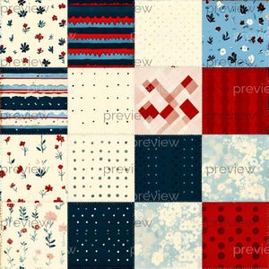 May include: A patchwork design with sixteen squares, each showcasing different patterns. The squares include floral prints, polka dots, stripes, and geometric shapes in red, blue, and cream. The word "preview" is visible in several squares.