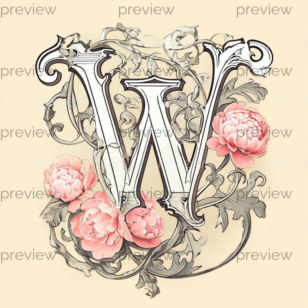 Ornate Letter W Design With Floral Peonies - Digital Art for Printable ...