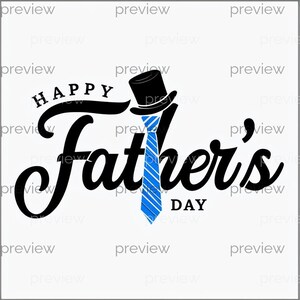 May include: A graphic design for Father's Day, featuring the words "Happy Father's Day" in a stylized font. A black top hat and a blue striped tie are incorporated into the design, set against a white background.