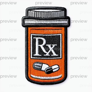 May include: Embroidered patch in the shape of an orange prescription medicine bottle. The patch features the letters "Rx" in white on a black background, and two pills. The bottle cap is black and white.
