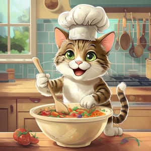 Fröhliche Cartoon Katze Koch in Cozy Kitchen Clipart - Instant Download für Spaß Sublimationsdesigns