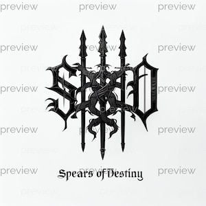 Puede incluir: Una ilustración gráfica negra que presenta tres lanzas verticales entrelazadas con enredaderas espinosas, flanqueadas por letras góticas estilizadas. Debajo del emblema central, el texto dice "Spears of Destiny" en una fuente negra decorativa.