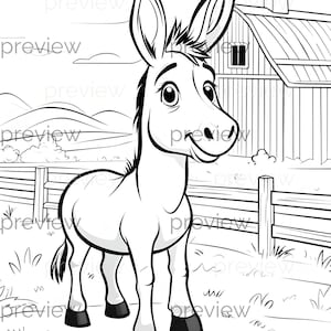 Coloriage âne ludique pour enfants - Scène de ferme amusante avec grange et collines - Idéal pour des motifs transparents et du papier imprimable