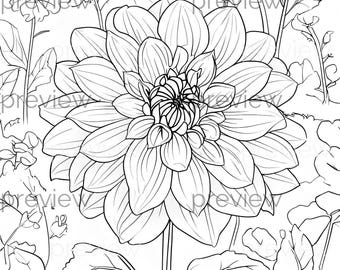 Intricate Floral Line Drawing of Dahlias and Lush Garden Scene - Perfect for Digital Paper, Gift Wrap, and Printable Projects