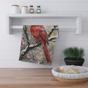 Cardinal Tea Towels, Rustic Kitchen Decor, Holiday Gift, Bird Lover Gift, Home & Living, Floral Kitchen Towels, Vintage Style Towels