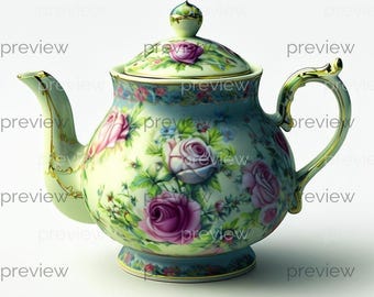 Elegant Floral Porcelain Teapot with Gold Accents - Vintage Aesthetic Digital Art for Instant Download and Printable Use