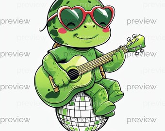 Fröhliche Schildkröte mit herzförmiger Sonnenbrille auf Gitarre spielend - bunte Digital Art zum sofortigen Download