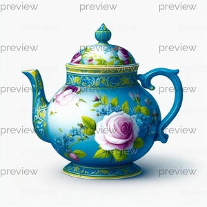 Pode incluir: Uma chaleira de cerâmica azul com um design floral. A chaleira apresenta uma grande rosa rosa, flores azuis e folhas verdes. A alça e o bico são azuis combinando, com detalhes dourados. A tampa é encimada por um botão decorativo.