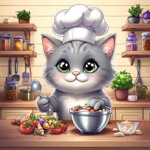 Könnte beinhalten: Cartoon-Illustration einer grauen Katze mit Kochmütze, die einen Löffel hält und einen Salat in einer Edelstahlschüssel zubereitet. Frisches Gemüse liegt auf der Theke. Die Katze hat große grüne Augen und rosige Wangen. Küchenregale mit Gläsern und Pflanzen sind im Hintergrund.