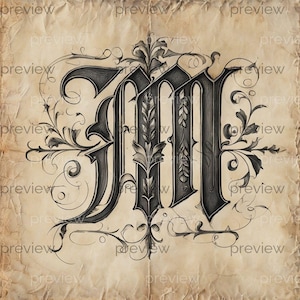 May include: An ornate, black letter "M" with intricate floral and leaf embellishments, set against a textured, aged parchment background. The design features detailed shading and flourishes, creating a vintage, gothic aesthetic.