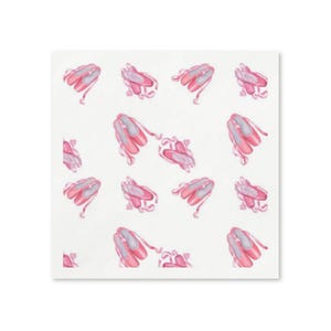 May include: A repeating pattern on a white background featuring pairs of pink ballet slippers. Each set of shoes is depicted with soft satin textures and long, flowing ribbons tied in various positions, creating a consistent visual motif.