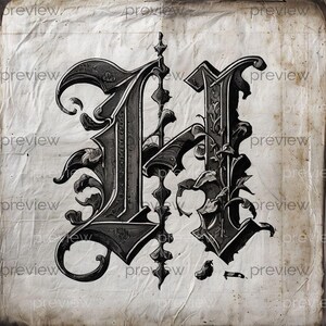 May include: An ornate, vintage-style letter "H" in a dark gray color, featuring intricate floral and scrollwork details. The design has a gothic aesthetic, set against a textured, aged paper background. The word "preview" is watermarked across the image.