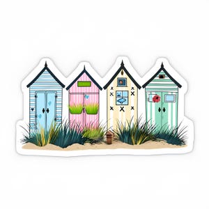 Charmant clipart de cabines de plage - Illustration côtière colorée pour téléchargement immédiat et sublimation