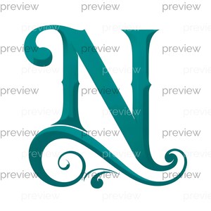 May include: Teal-colored letter "N" with an ornate, vintage design. The capital letter features decorative flourishes and a stylized serif font. The design is set against a white background, highlighting the teal color.