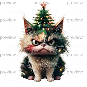 Peut inclure: Illustration d'un chat grincheux avec un sapin de Noël sur la tête, orné de lumières et d'une étoile. Le chat a un mélange de couleurs, dont le blanc, le noir et l'orange, avec une rougeur sur la joue. Un design festif et humoristique.