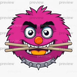 May include: A sticker featuring a cartoon monster with a pink, furry body, large eyes, and an orange nose. The monster has drumsticks in its mouth and a spiked collar. The design is bold and colorful, perfect for music lovers.