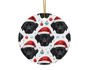 May include: A round Christmas ornament featuring a repeating pattern of black Labrador Retrievers wearing Santa hats. The ornament has a gold string for hanging and is decorated with snowflakes and festive ornaments.