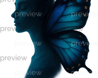 Femme fantastique éthérée avec des ailes de papillon - Impression d'art numérique mystique pour téléchargement immédiat