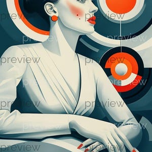 Puede incluir: Ilustración de estilo art déco de una mujer de perfil, con vestido blanco, labios rojos y pendientes a juego. El fondo presenta círculos concéntricos en azul, blanco y naranja. Las uñas de la mujer están pintadas de rojo.