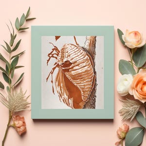 May include: An illustration of a cicada shell on a branch, depicted in shades of brown and white. The shell is intricately detailed with lines and patterns.