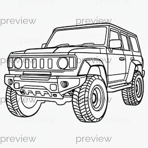 May include: Black line drawing of an off-road SUV. The vehicle features a boxy design, large tyres with a deep tread, and a prominent front grille. The image is a simple outline, suitable for coloring or design purposes.