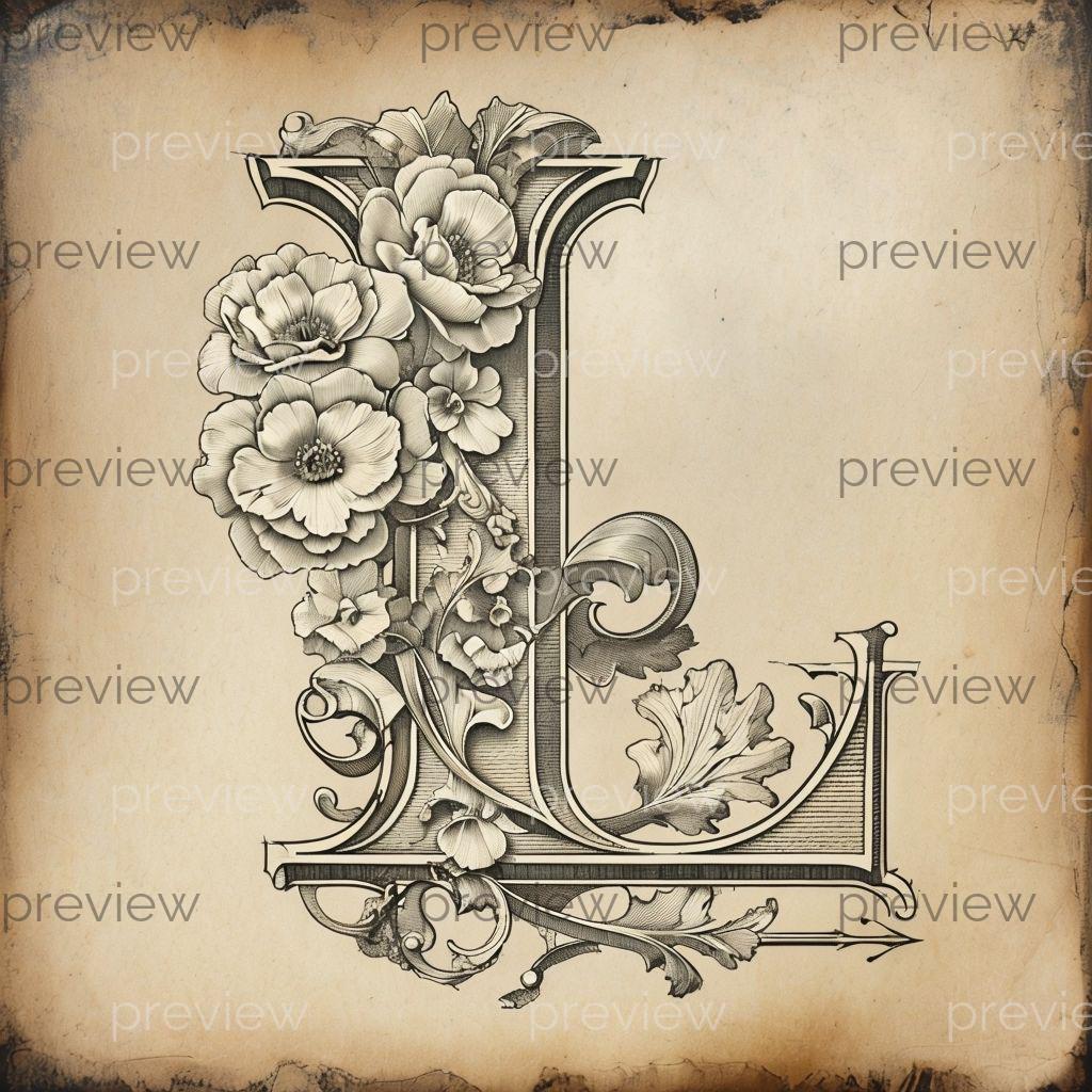 Decorative Lettering L Elegant Vintage Letter L With Floral Motifs - Printable Digital Art for ...