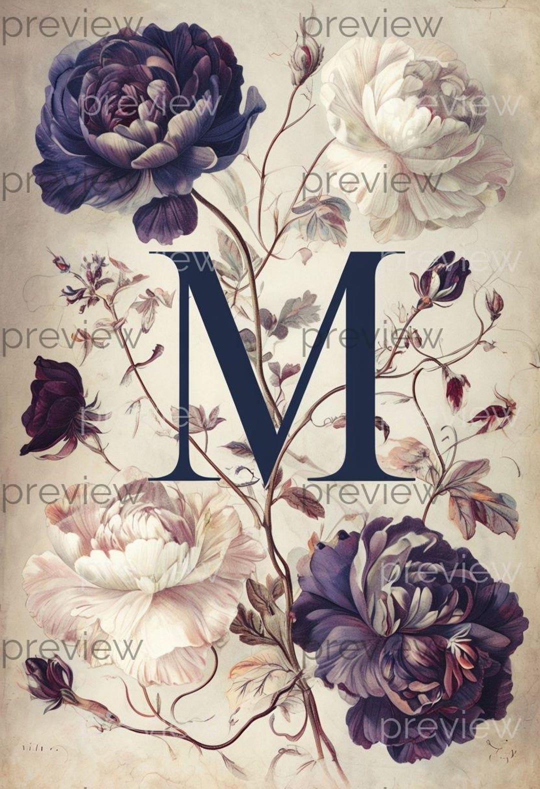 M Elegant Floral Composition With Letter M - Vintage Botanical Art ...