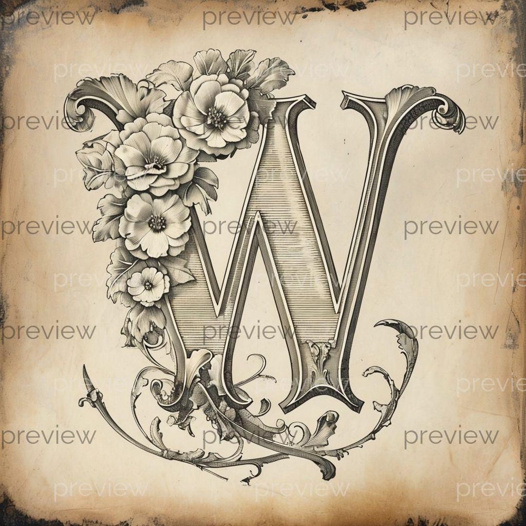 W Ornate Floral Letter W Design - Vintage Style Digital Art for ...