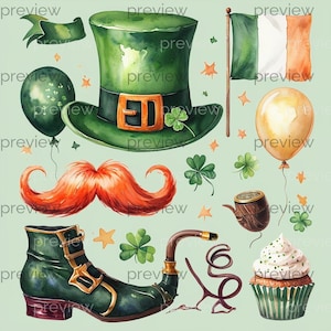 Könnte beinhalten: Aquarell-Illustration mit St. Patrick's Day-Elementen. Enthält einen grünen Zylinder mit Schnalle, einen orangefarbenen Schnurrbart, einen grünen Stiefel, eine Pfeife, einen Cupcake, einen Ballon, die irische Flagge und Kleeblätter.