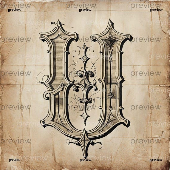 U Ornate Vintage Letter U Design - Intricate Patterns and Flourishes in Gothic and Baroque Style for Digital Art Lovers