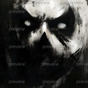 May include: An abstract artwork in monochrome, portraying a menacing face. The image uses strong contrasts of black and white, highlighting the eyes and facial features. The style evokes a dark, expressive painting.