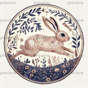May include: A circular illustration featuring a running rabbit with intricate patterns in shades of brown. The rabbit is surrounded by a border of blue and beige floral elements. The artwork has a watercolor style.
