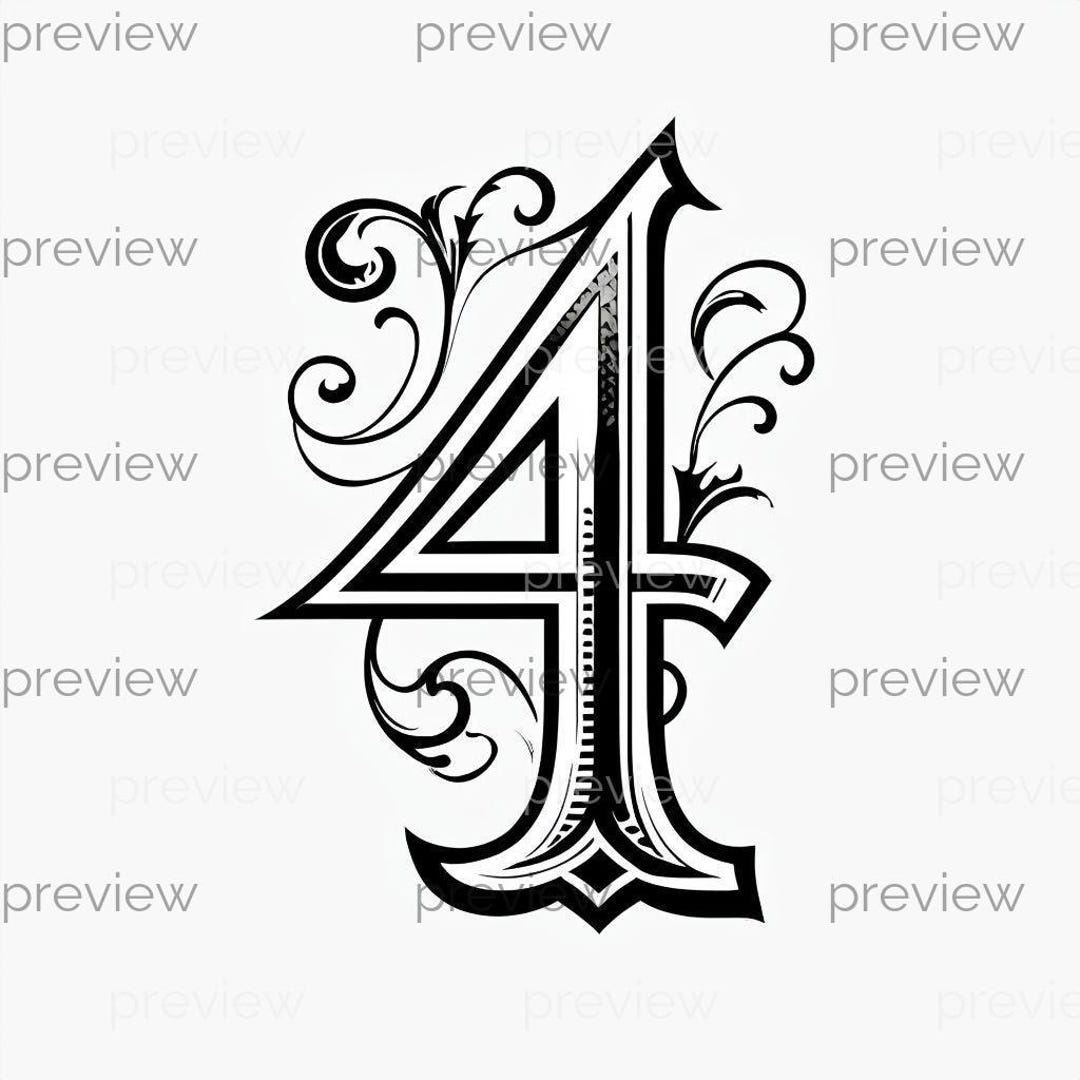 Ornate Decorative Number 4 in Monochrome - Elegant Digital Art for