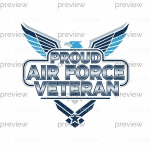 May include: A graphic design featuring the text "PROUD AIR FORCE VETERAN" in a stylized font. The design includes an eagle with outstretched wings in shades of blue and gray, and a military emblem.