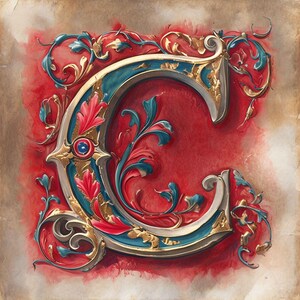 Letra C iluminada PNG con hojas doradas y motivos florales, estilo medieval, archivo digital