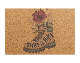Nature-Inspired Doormat, Take a Hike Welcome Mat, Outdoor Boot Design Entryway Decor, Hiking Enthusiast Gift, Rustic Floral Home Decor