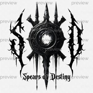 May include: A black graphic design featuring the letters SOD in a jagged, stylized font surrounding a central circular emblem with radiating spikes. Below the emblem, the text Spears of Destiny is written in a sharp, decorative typeface.