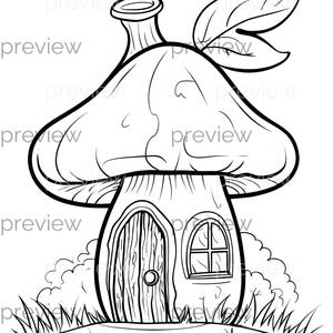 Página para colorear de una casa de hongos: un diseño encantador de cuento de hadas para papel digital y papel de regalo.