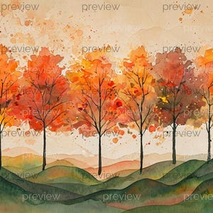 Rustig herfstlandschap in aquarel: levendig gebladerte en glooiende heuvels voor directe download-afdruk